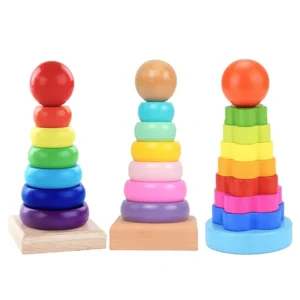 Apilador de arcoíris de madera con forma de anillo, juguete educativo para niños, bloques apilables de torre, juego de formas de colores, juguetes Montessori para bebés, regalos para niños